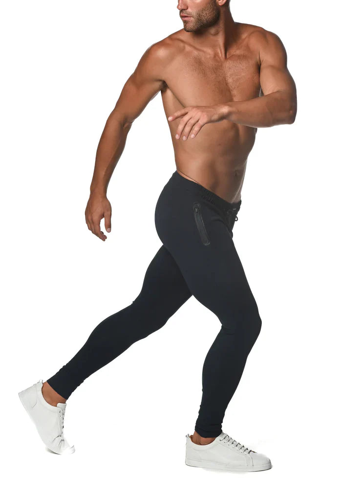 Black tactical gym-tech stretch slim jogger leggings with drawstring waist and side zipper pockets for active wear