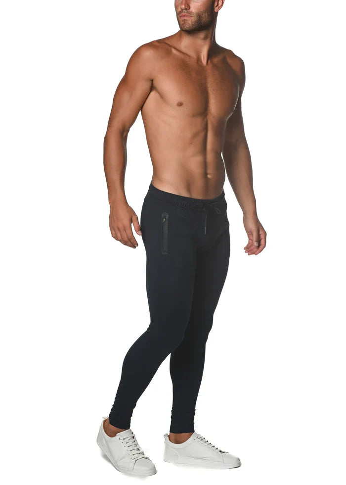 Black tactical gym-tech stretch slim jogger with a drawstring waist and side zippers for athletic use
