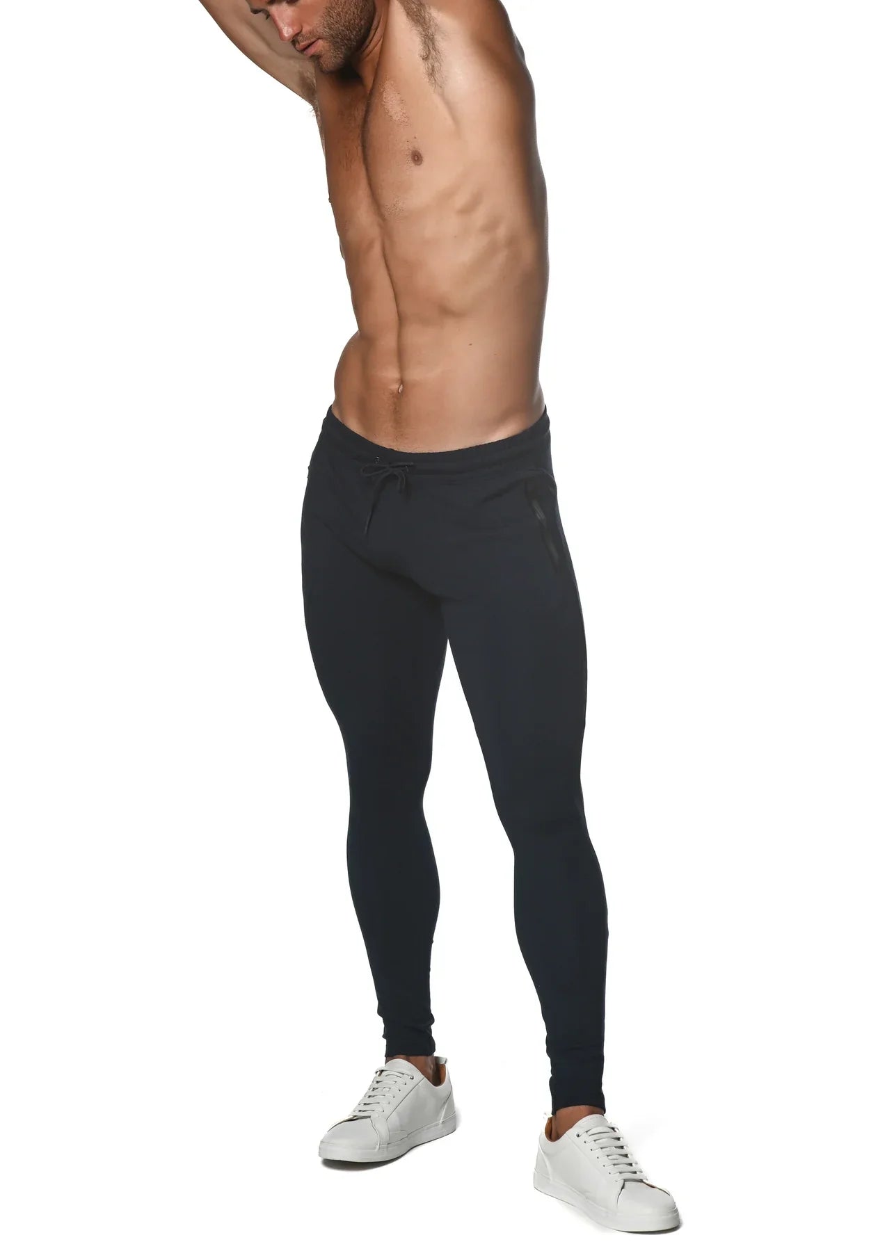 Black tactical gym-tech stretch slim jogger leggings with drawstring waistband for athletic use