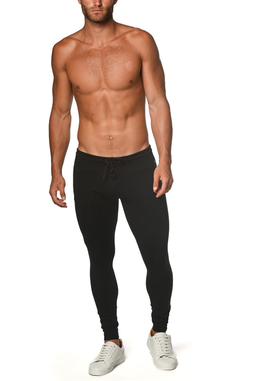 Black tactical gym-tech stretch slim jogger leggings with a drawstring waistband designed for athletic use