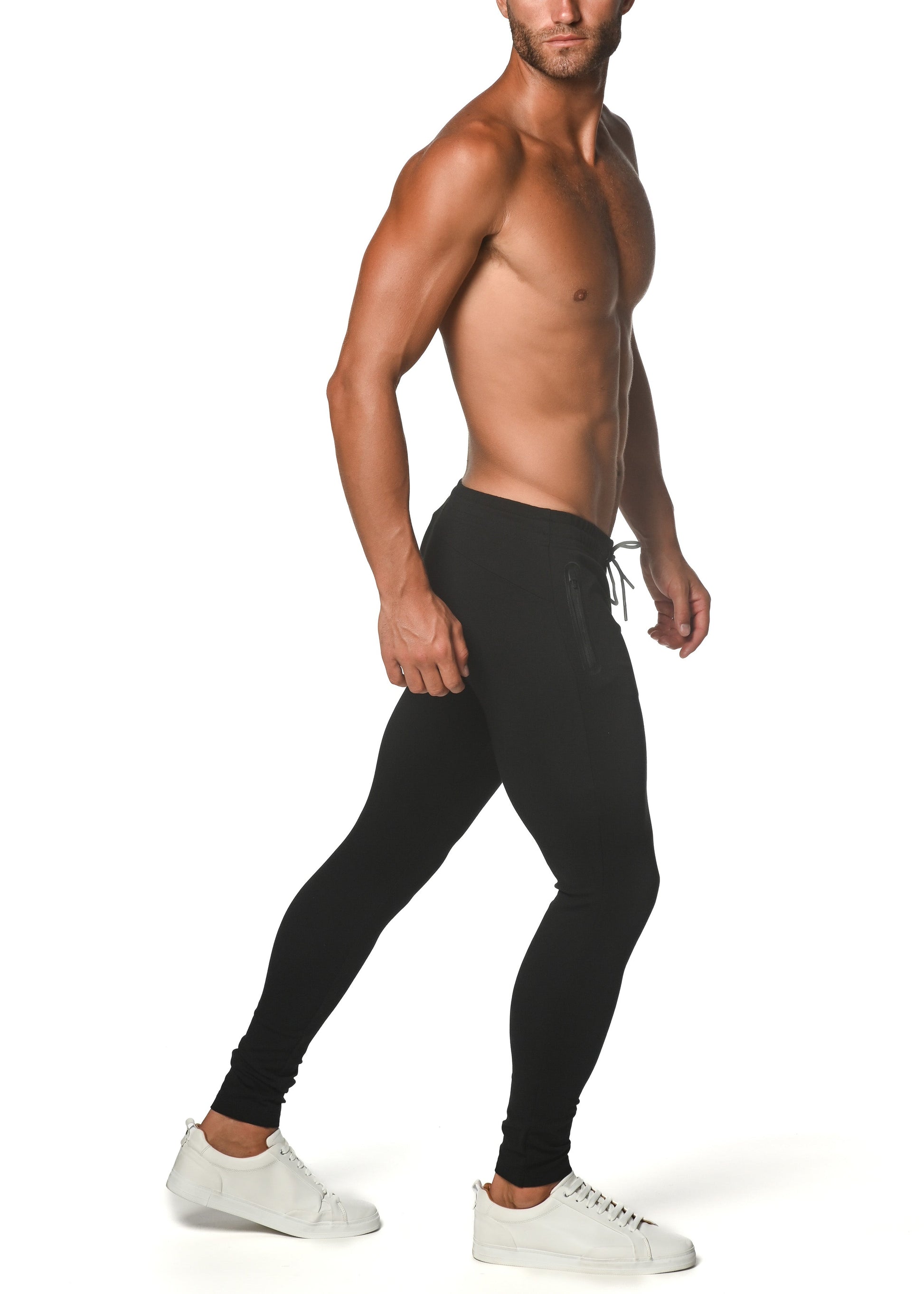 Black tactical gym-tech stretch slim jogger leggings with drawstring waistband for athletic use