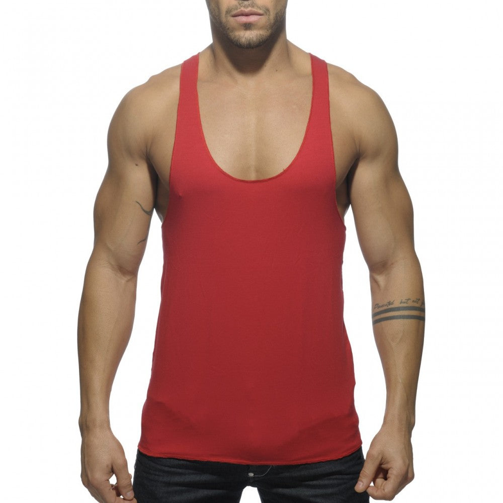 Red muscle tank top with scoop neckline and thin straps showing back printed design