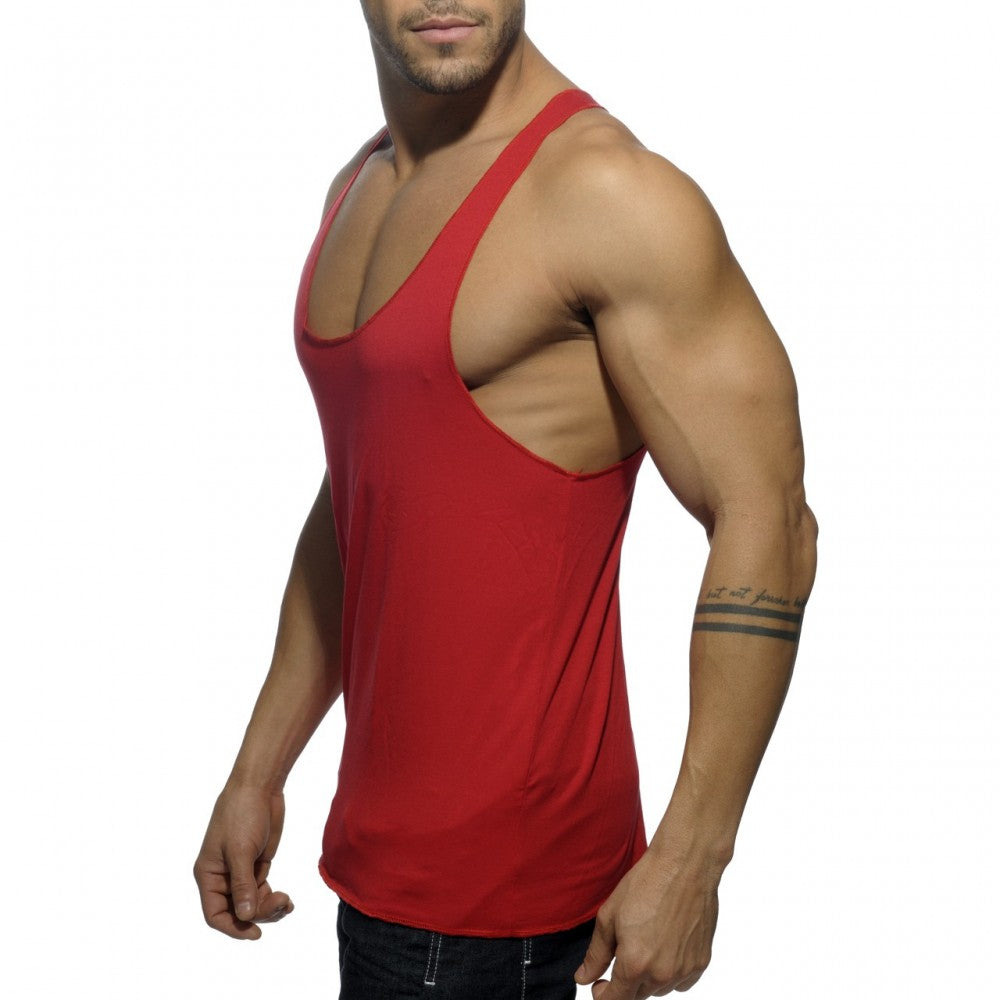 Red athletic tank top with deep v-neck and side cutout featuring a printed back design for activewear use