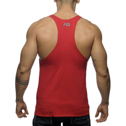 Red athletic tank top back view featuring a small gray logo on upper back in the tank back printed design