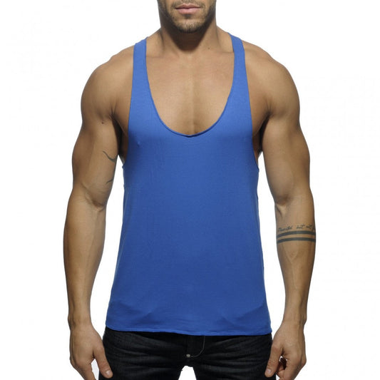 A solid royal blue sleeveless tank top with a deep scoop neckline and thin straps shown from the back