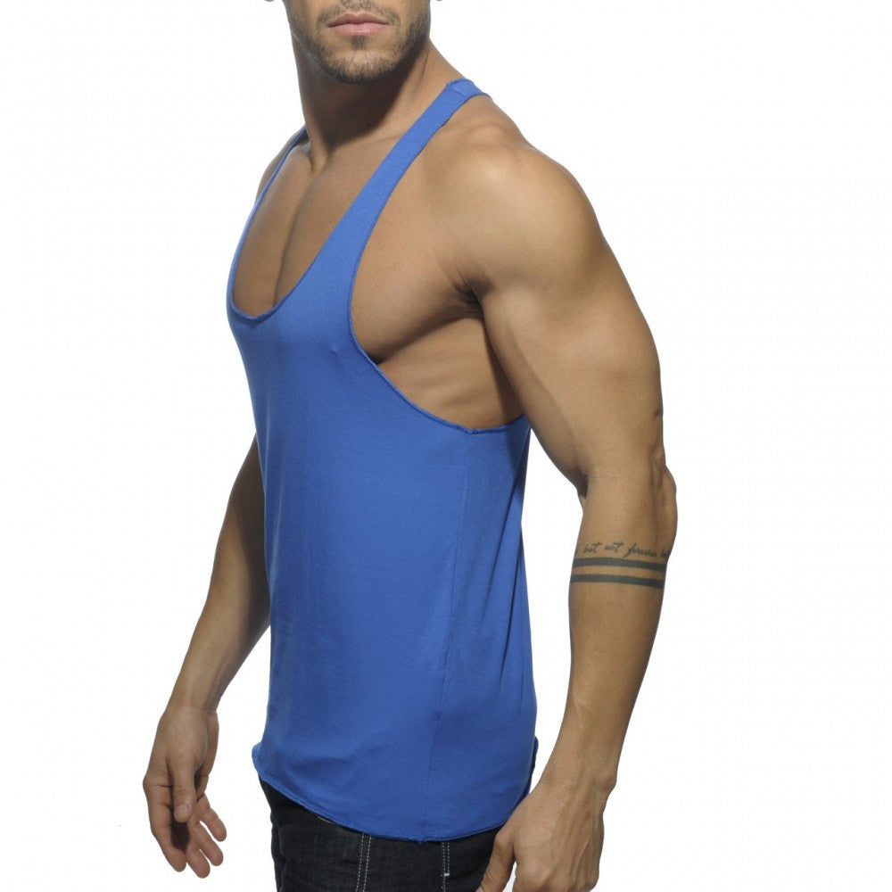 A vibrant royal blue muscle tank top with deep scoop neckline and racerback design shown from the back