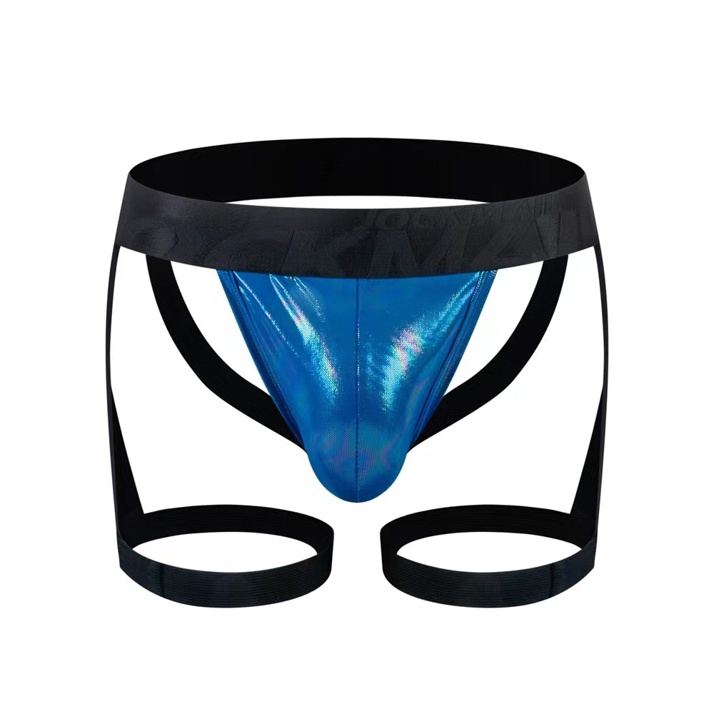 Blue metallic tartarus coated jock harness briefs with black elastic waistband and leg straps