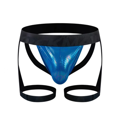Blue metallic tartarus coated jock harness briefs with black elastic waistband and leg straps