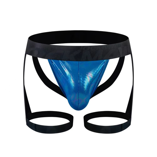 Blue metallic tartarus coated jock harness briefs with black elastic waistband and leg straps