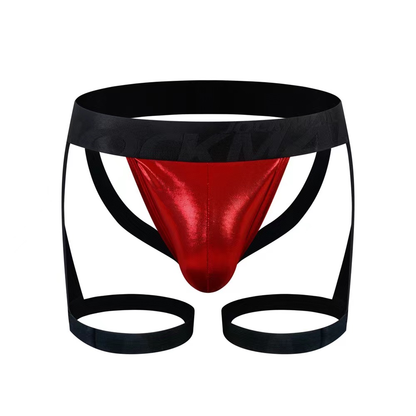 Red metallic briefs with black elastic waistband and leg straps in tartarus coated jock harness design