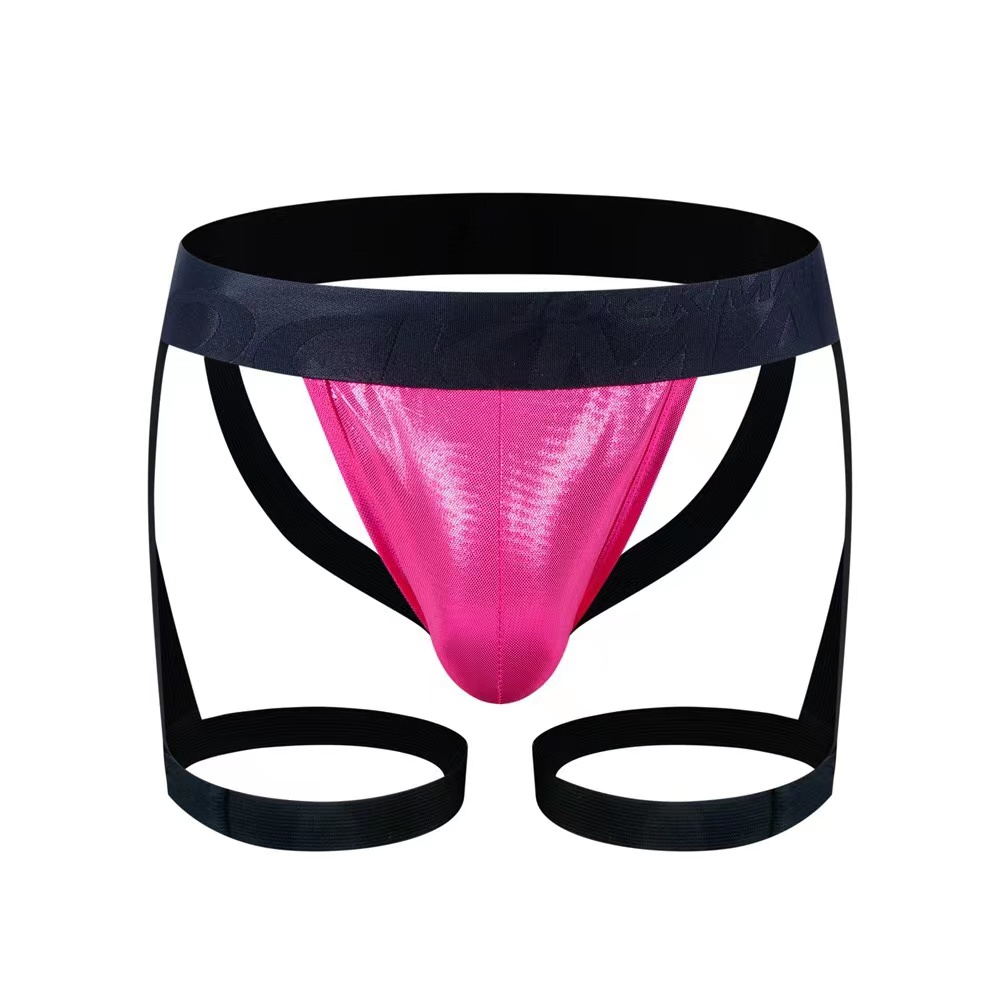 Vibrant pink metallic fabric tartarus coated jock harness briefs with black elastic waistband and leg straps