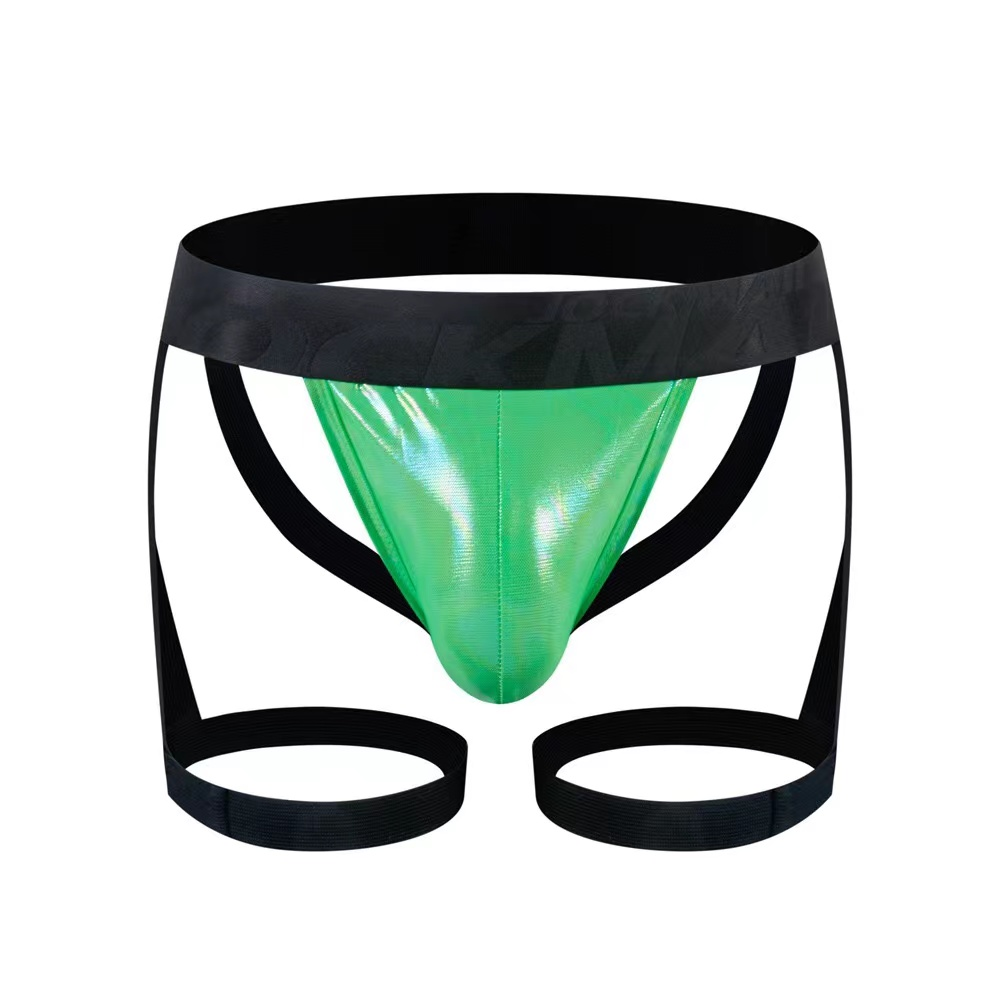 Tartarus coated jock harness vibrant green metallic briefs with black elastic waistband and matching leg straps