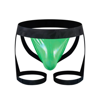 Tartarus coated jock harness vibrant green metallic briefs with black elastic waistband and matching leg straps