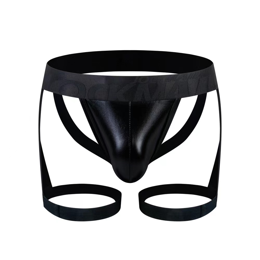 Black patent leather TARTARUS coated jock harness thong with wide waistband and two circular leg straps