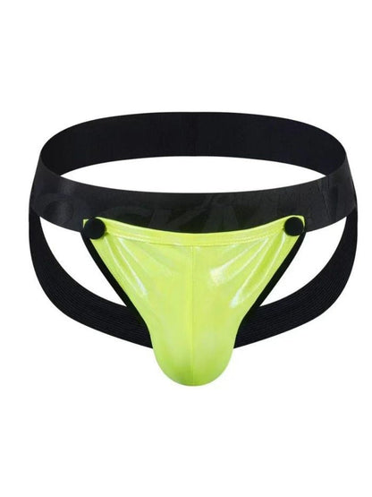 Vibrant neon green tartarus coated jockstrap latex briefs with black elastic waistband and side straps