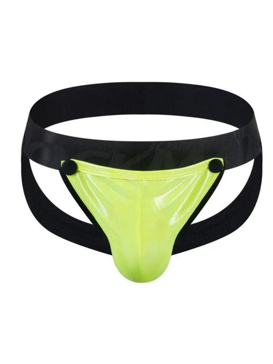 Vibrant neon green tartarus coated jockstrap latex briefs with black elastic waistband and side straps