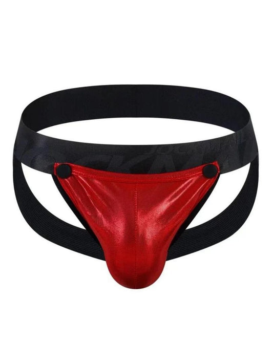 Red metallic tartarus coated jockstrap briefs with black elastic waistband and side straps for support