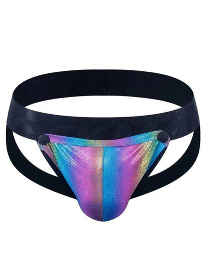 Tartarus coated jockstrap iridescent holographic fabric briefs with black elastic waistband and side straps