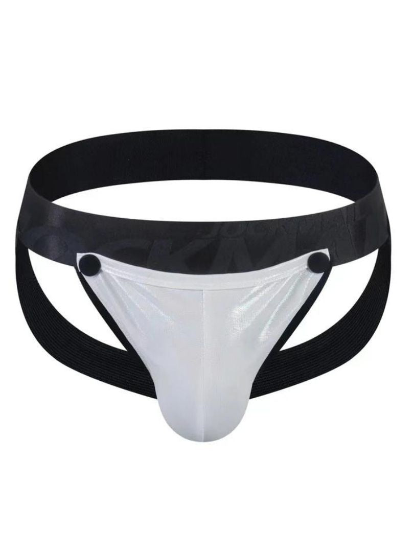 Black and transparent plastic briefs with a sleek modern design in tartarus coated jockstrap product image