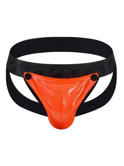 Tartarus coated jockstrap in vibrant orange patent leather with black elastic waistband and side straps
