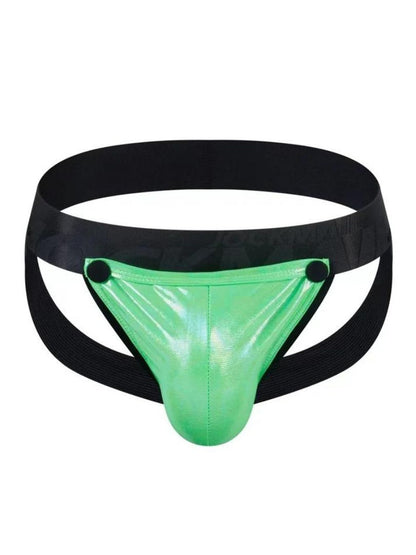 Vibrant green tartarus coated jockstrap briefs with black elastic waistband and side straps displayed from the front