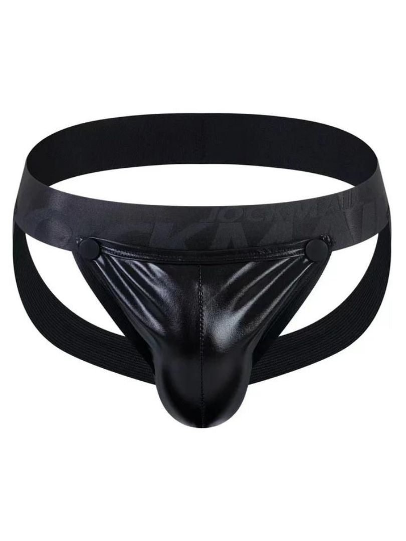 Black patent leather tartarus coated jockstrap with wide elastic waistband and side straps shown from the back