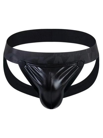 Black patent leather tartarus coated jockstrap with wide elastic waistband and side straps shown from the back