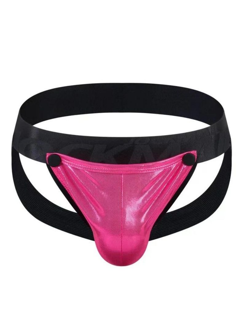 Tartarus coated jockstrap in bright pink metallic with black elastic waistband and side straps front view