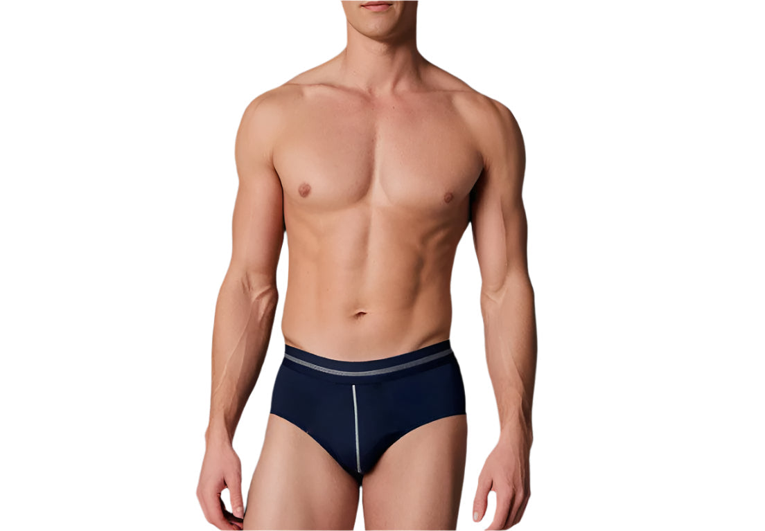 Navy blue tartarus cotton brief with subtle gray waistband stripe and vertical seam detail down the center front