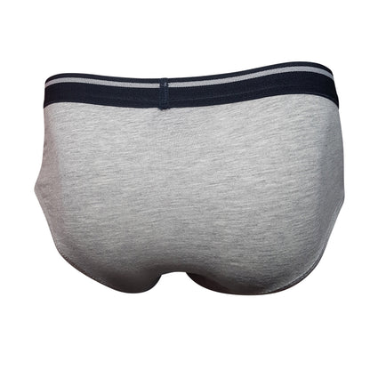 Tartarus cotton brief in gray heathered fabric with a navy blue waistband featuring two thin white stripes
