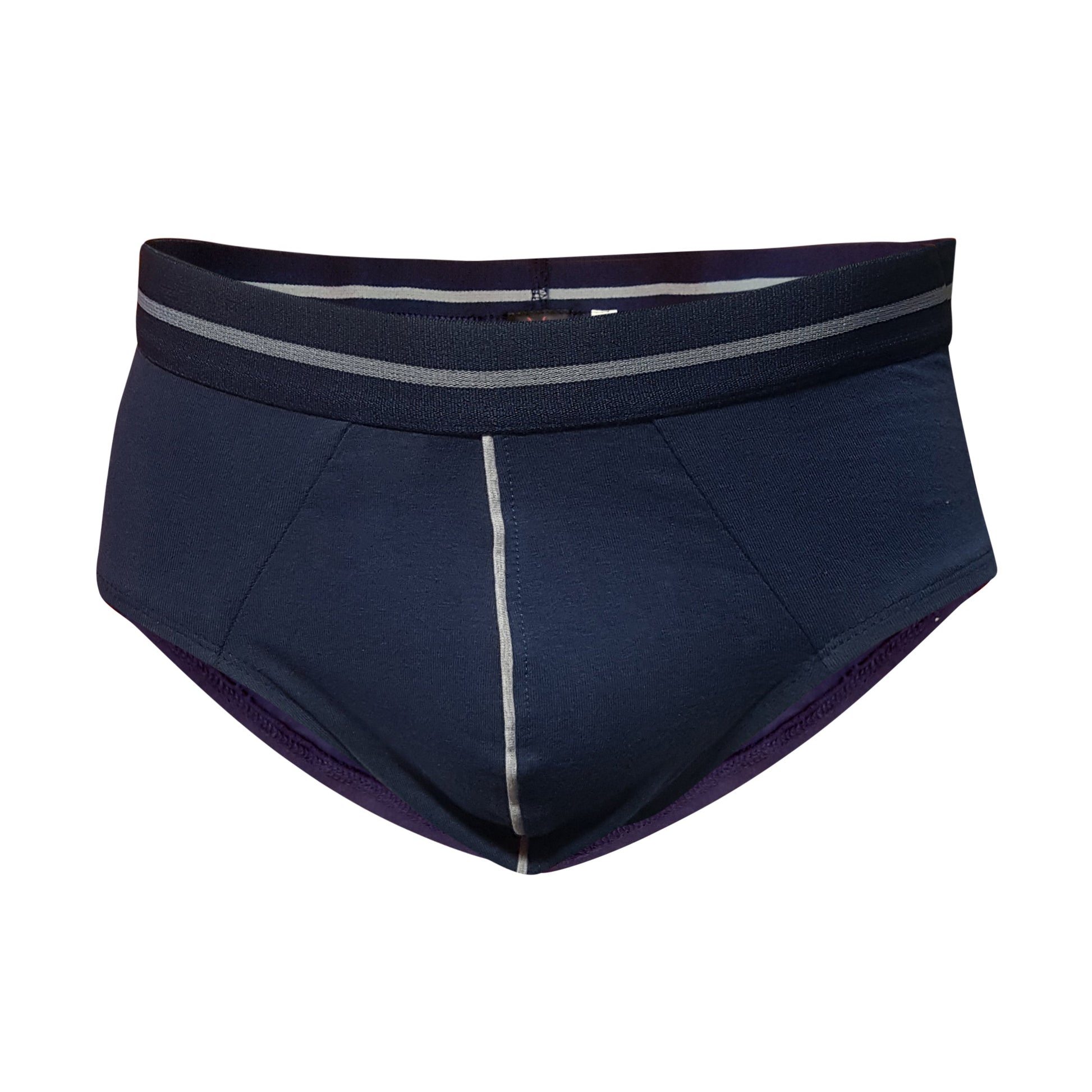 Dark navy tartarus cotton brief with textured fabric gray-striped waistband and subtle silver stitching on center seam