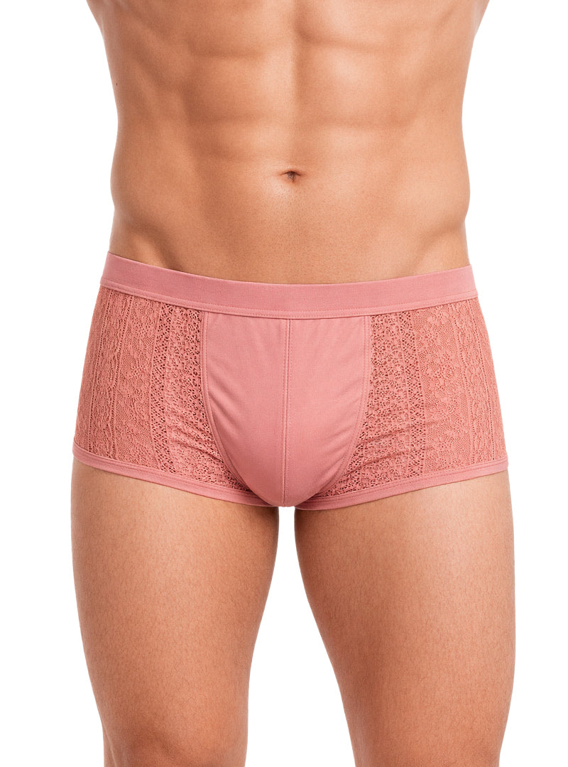 Pink tartarus lace boyshort briefs with lace trim, smooth solid fabric center, and elastic waistband