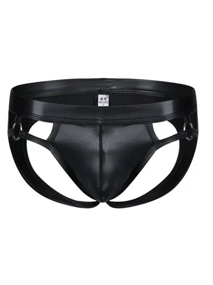 Black patent leather tartarus ring jockstrap briefs with glossy finish and metal ring reinforced side straps