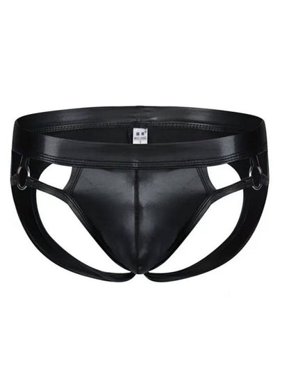 Black patent leather tartarus ring jockstrap briefs with glossy finish and metal ring reinforced side straps