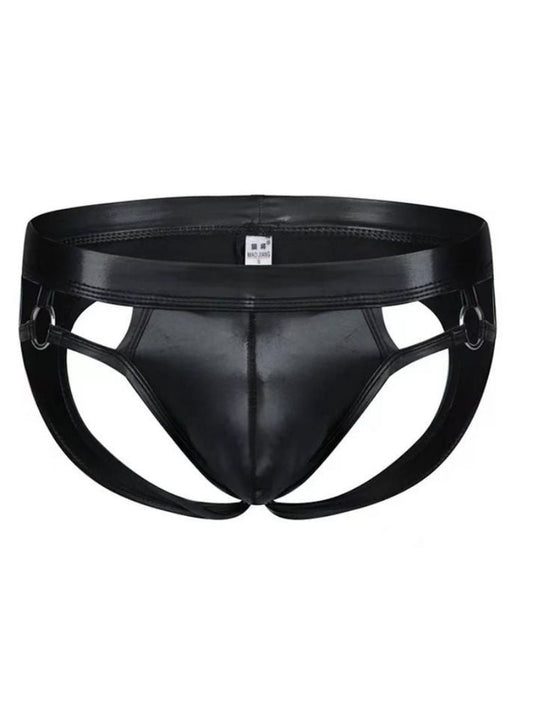 Black patent leather tartarus ring jockstrap briefs with glossy finish and metal ring reinforced side straps