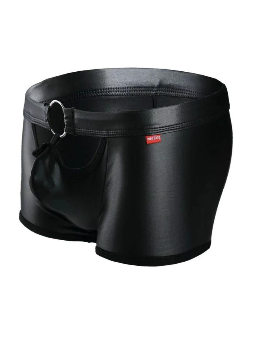 Black shiny faux leather men’s briefs with silver ring detail on waistband tartarus ring trunk front view