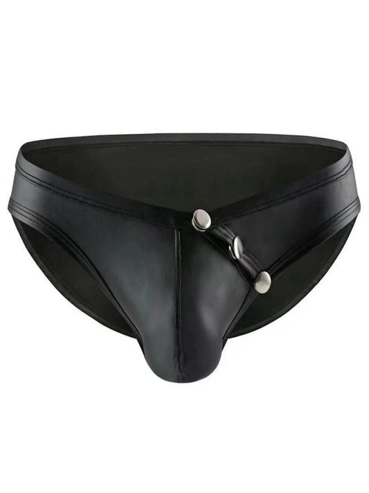 Black faux leather tartarus side buttons brief thong with silver-toned button closure detail
