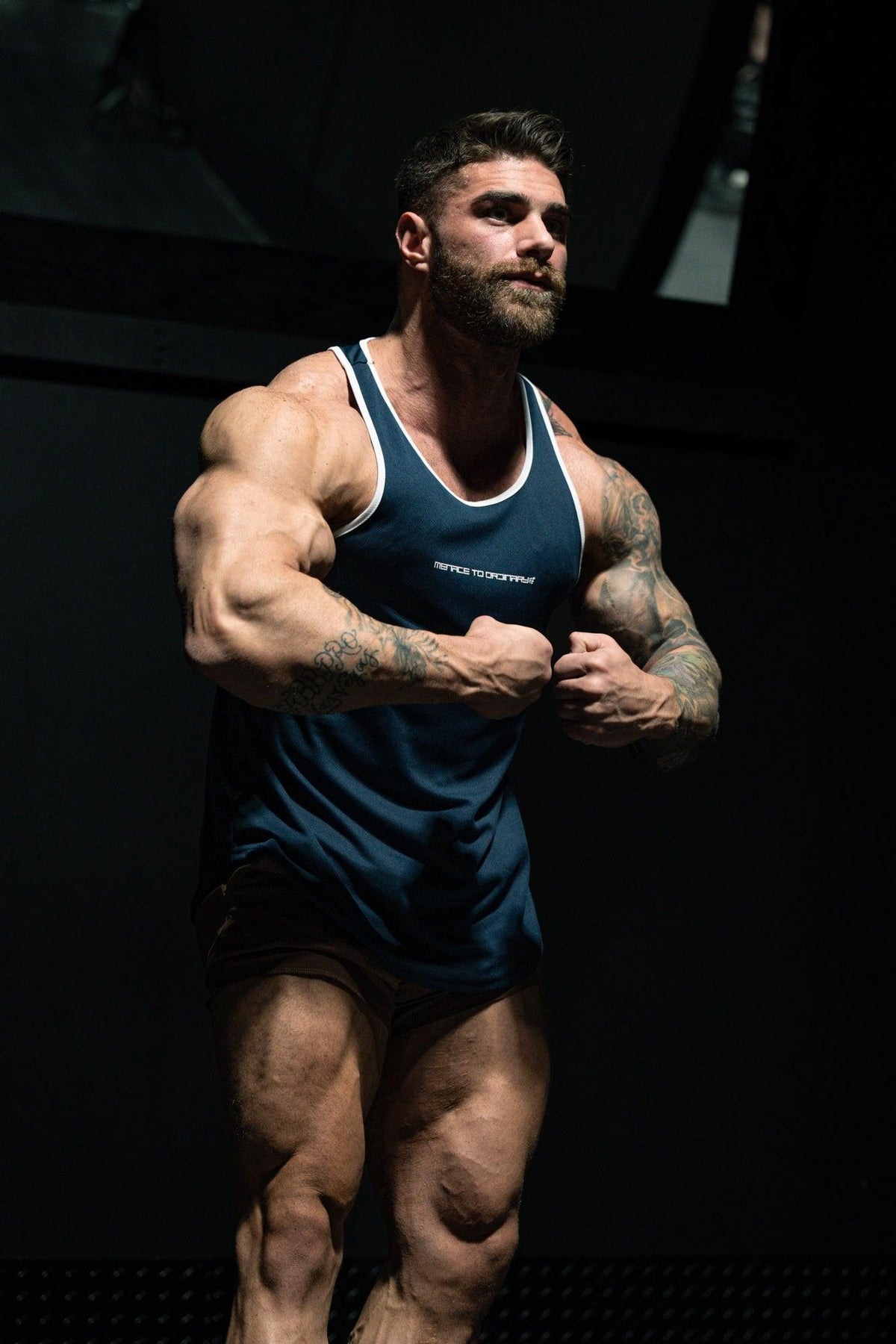 Jed North Men's Fast-Dry Bodybuilding Workout Stringer - Navy w/ White Menace