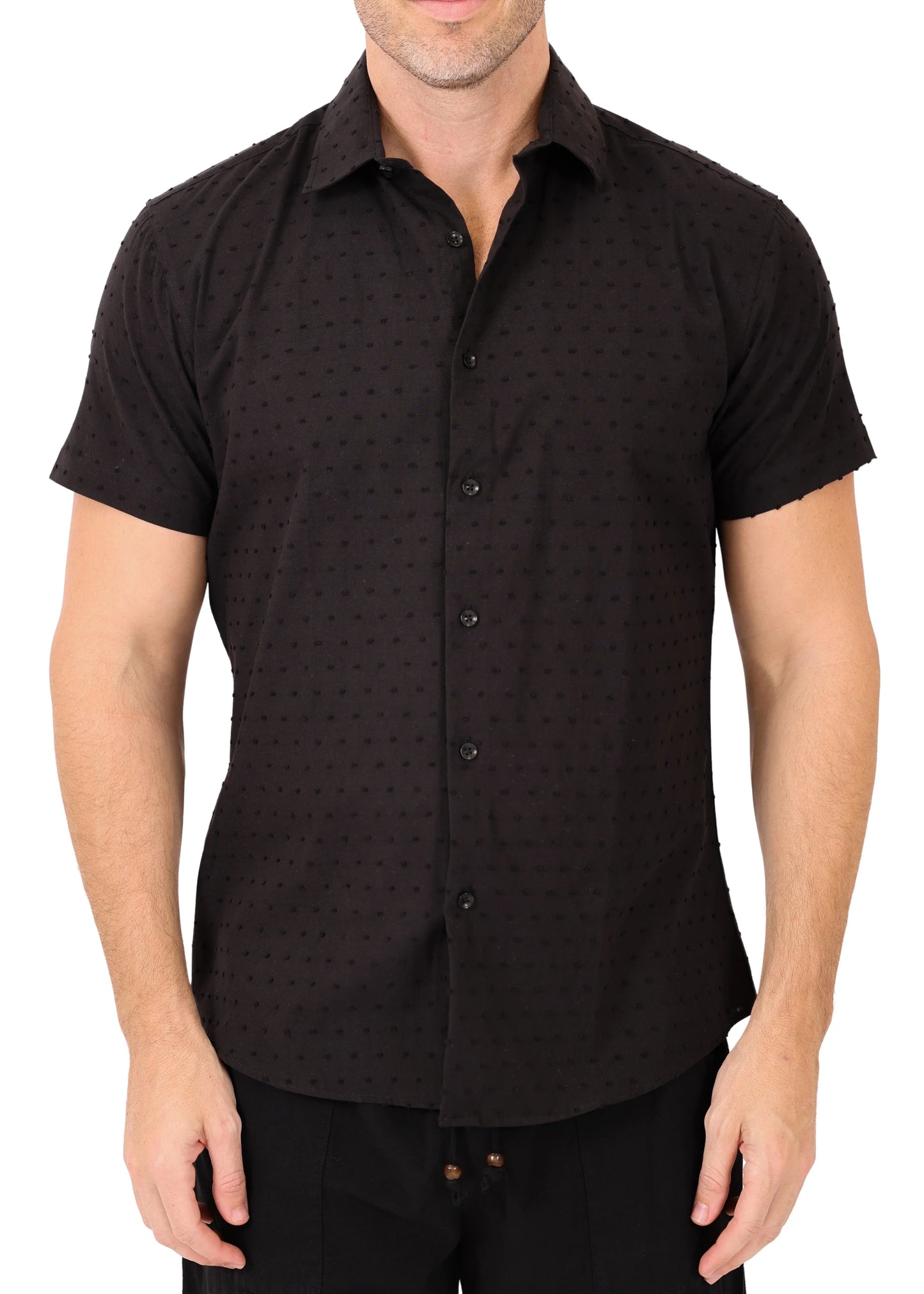 Black short-sleeved button-up shirt with a subtle dotted pattern featured in texture dots s s shirt collection