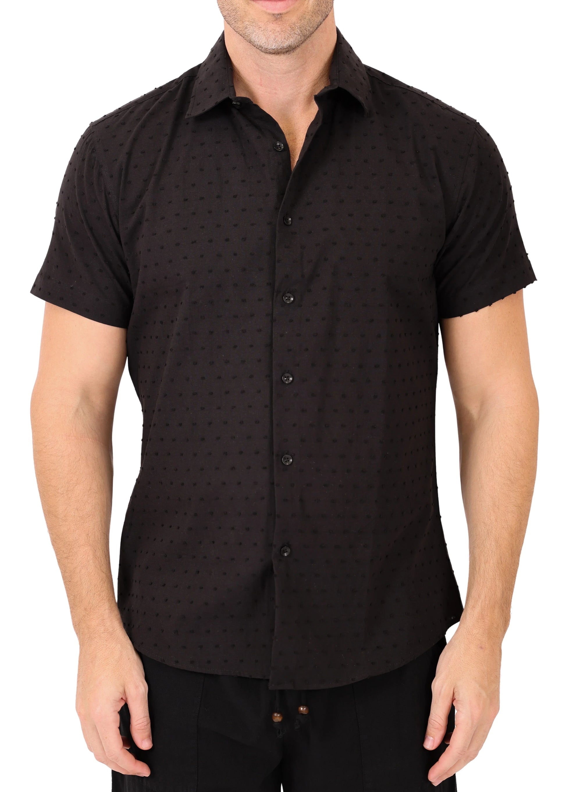 Black short-sleeved button-up shirt with a subtle dotted pattern featured in texture dots s s shirt collection