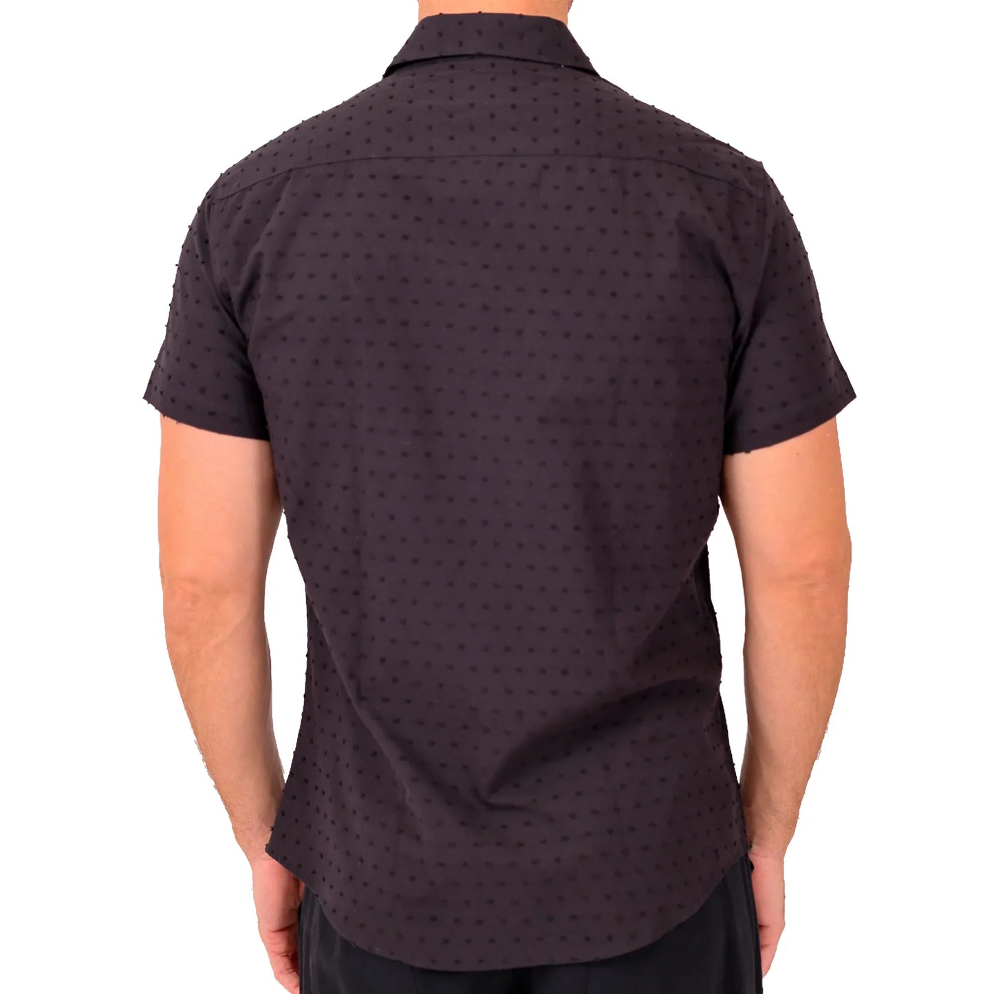 Black short-sleeved button-down shirt with subtle dot texture perfect for casual or smart casual wear