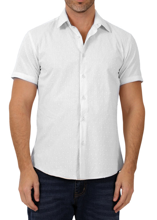 White short-sleeved button-up shirt with subtle dot pattern textured fabric perfect for casual summer wear