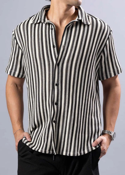 Black and white vertically striped short-sleeved button-up shirt with textured knit pattern called texture knit s/s shirt