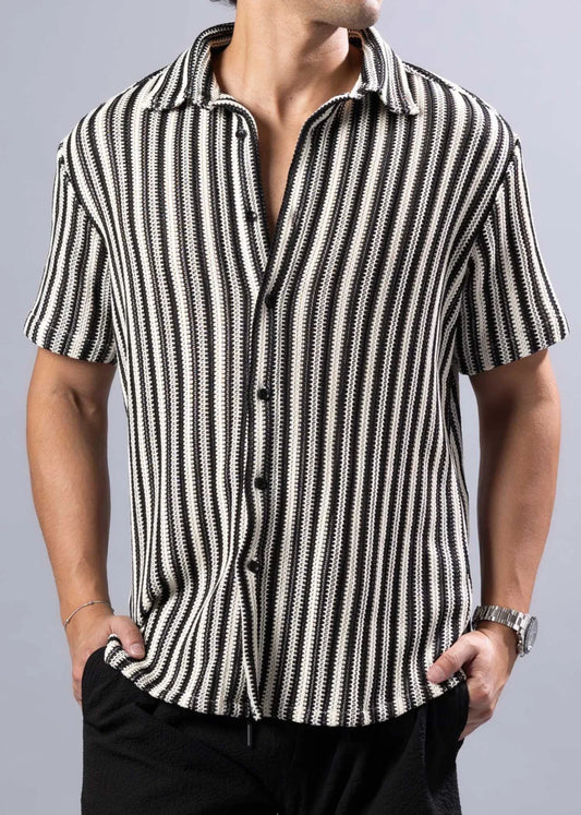 Black and white vertically striped short-sleeved button-up shirt with textured knit pattern called texture knit s/s shirt