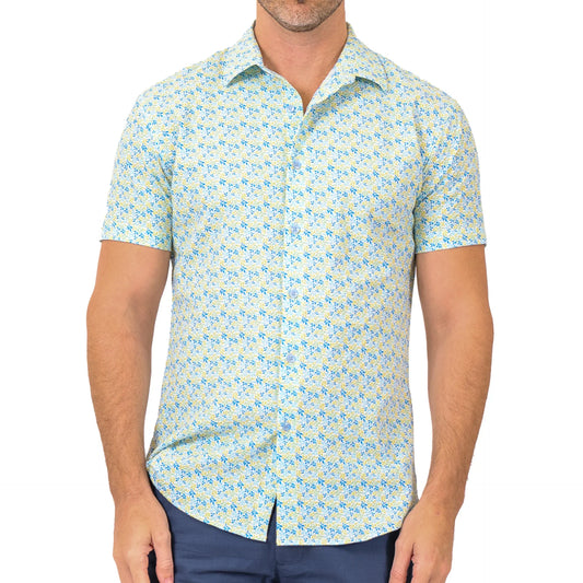 A light blue and pale yellow short-sleeved button-up shirt with a subtle repeating floral pattern texture mini floral s/s shirt