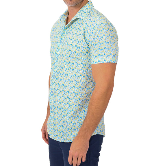 A light blue and pale yellow floral patterned short sleeve button up shirt called texture mini floral s s shirt