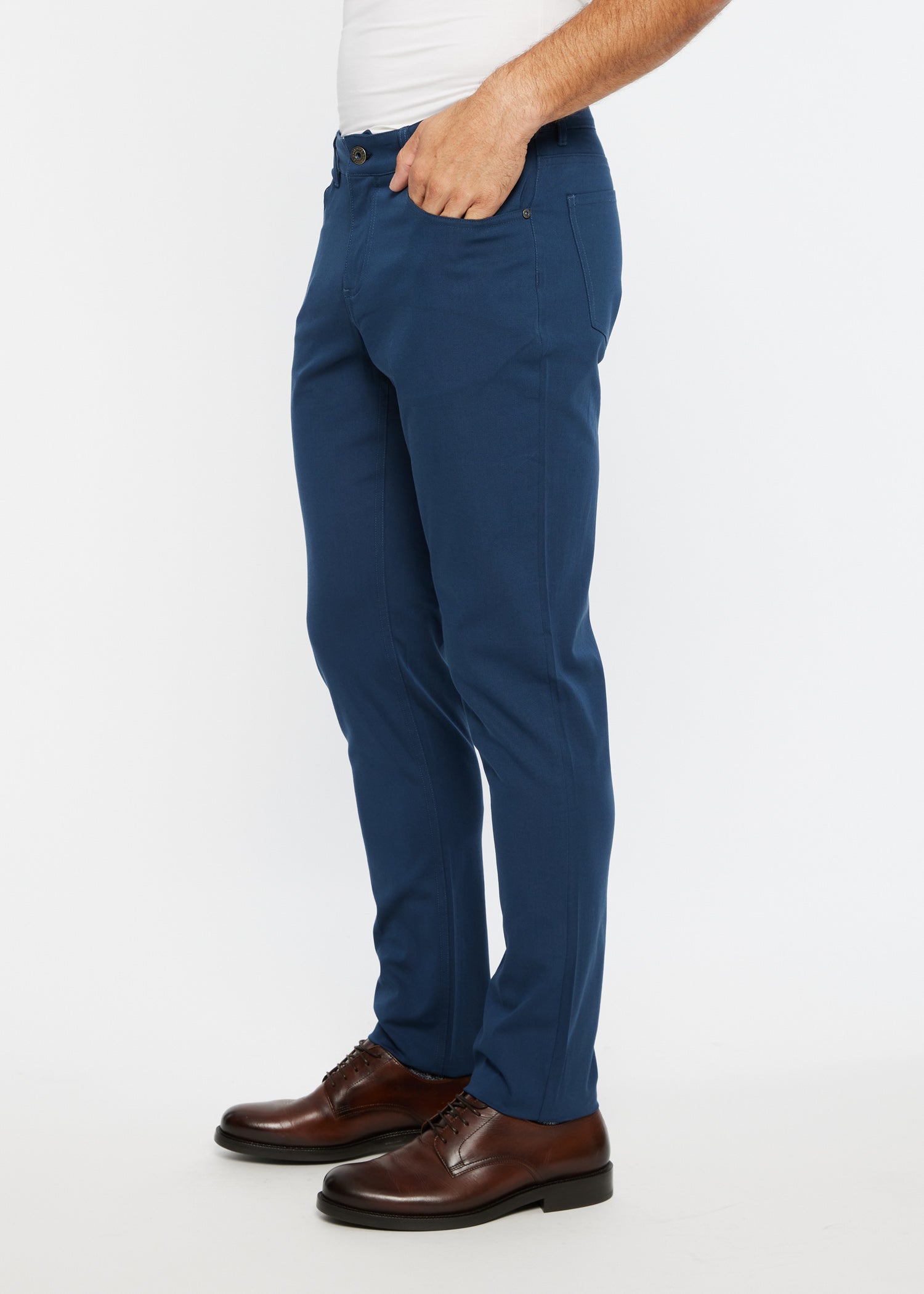 Navy blue slim-fit chinos with textured stretch woven fabric and five-pocket design for comfortable wear