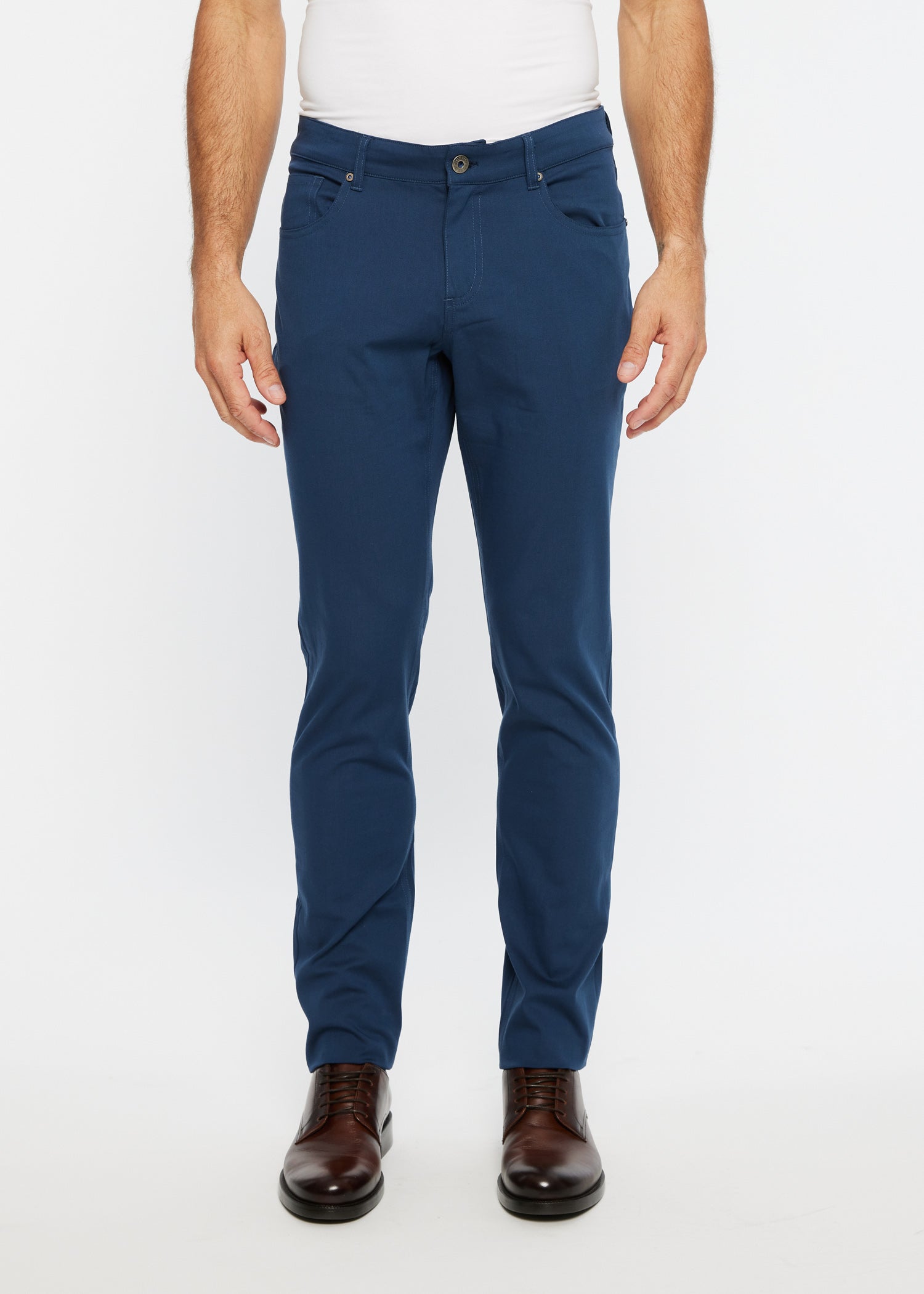 Navy blue slim-fit textured 5 pocket stretch woven jeans with classic button closure and five-pocket design