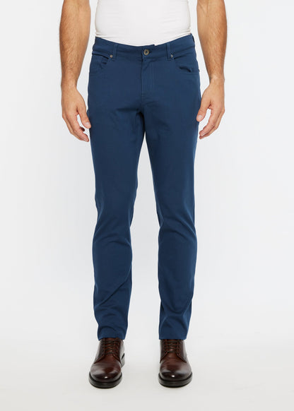 Navy blue slim-fit textured 5 pocket stretch woven jeans with classic button closure and five-pocket design
