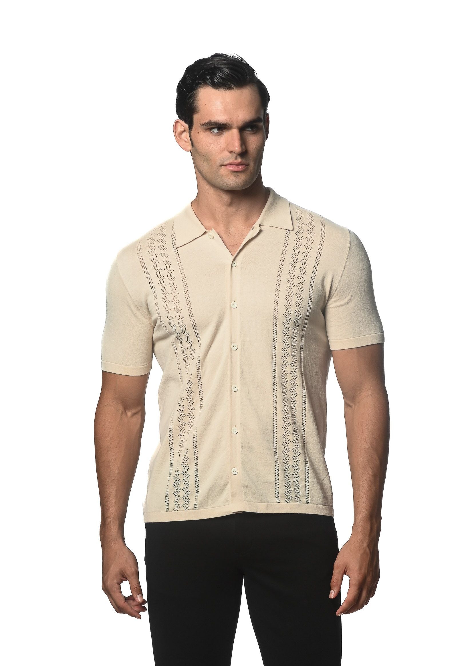 Beige short-sleeved cotton knit polo shirt with textured button front and subtle geometric patterned stripes down the front
